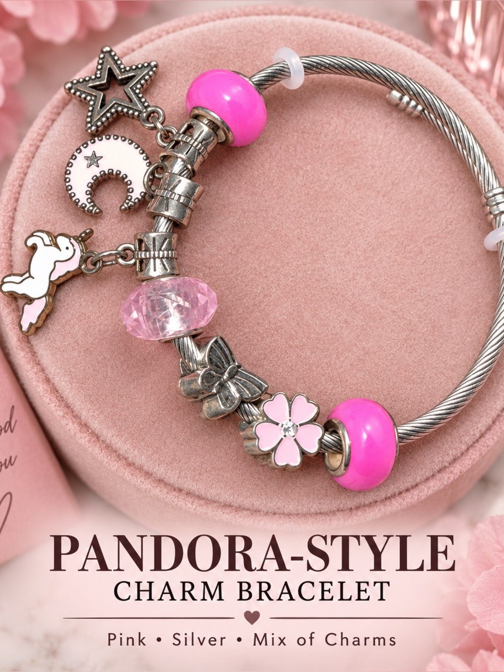 Pandora-Style Pink & Silver Charm Bracelet - Whimsical Mix